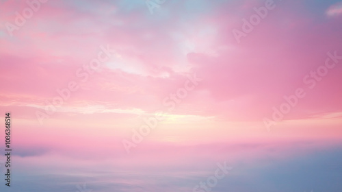 Early morning sky in pastel pink and light blue tones, soft fog in the air, the light of the rising sun