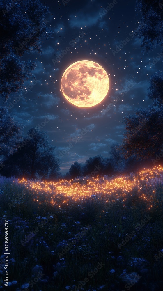 lush green garden at midnight illuminated by glowing moonlight fireflies, nebula in the sky lush green garden at midnight illuminated by glowing moonlight fireflies, nebula in the sky