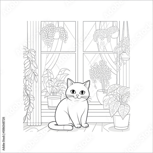 A cute cat sitting by a window with plants and a cozy chair in the background, all in simple line art. coloring page