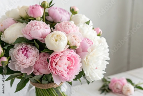 A lush arrangement of fresh peonies in various shades of pastel pink and white, soft petals, spring, arrangement, gardenia, nature