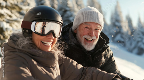 Senior Couple Enjoying a Fun Skiing Adventure at Ski Resort in Snowy Landscape with Warm Smiles and Winter Gear. Image Made Using Generative AI