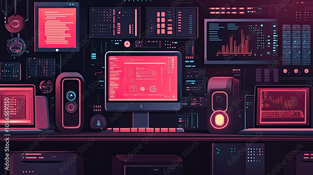 A futuristic workstation with multiple computer screens, speakers, and glowing lights. A futuristic workstation with multiple computer screens, speakers, and glowing lights.