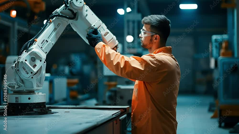A technician works alongside an industrial robotic arm in a dimly lit factory, focusing on precision tasks in an advanced manufacturing environment. A technician works alongside an industrial robotic arm in a dimly lit factory, focusing on precision tasks in an advanced manufacturing environment.