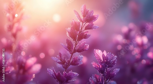 Dew-kissed purple flowers bathed in soft sunlight.