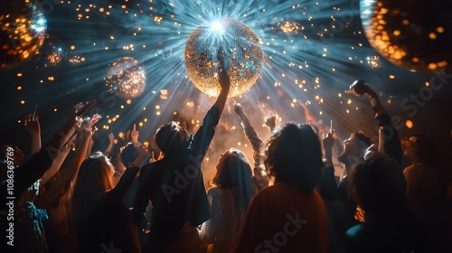 41. A group of partygoers dancing under a disco ball at a New Year is Eve nightclub photo