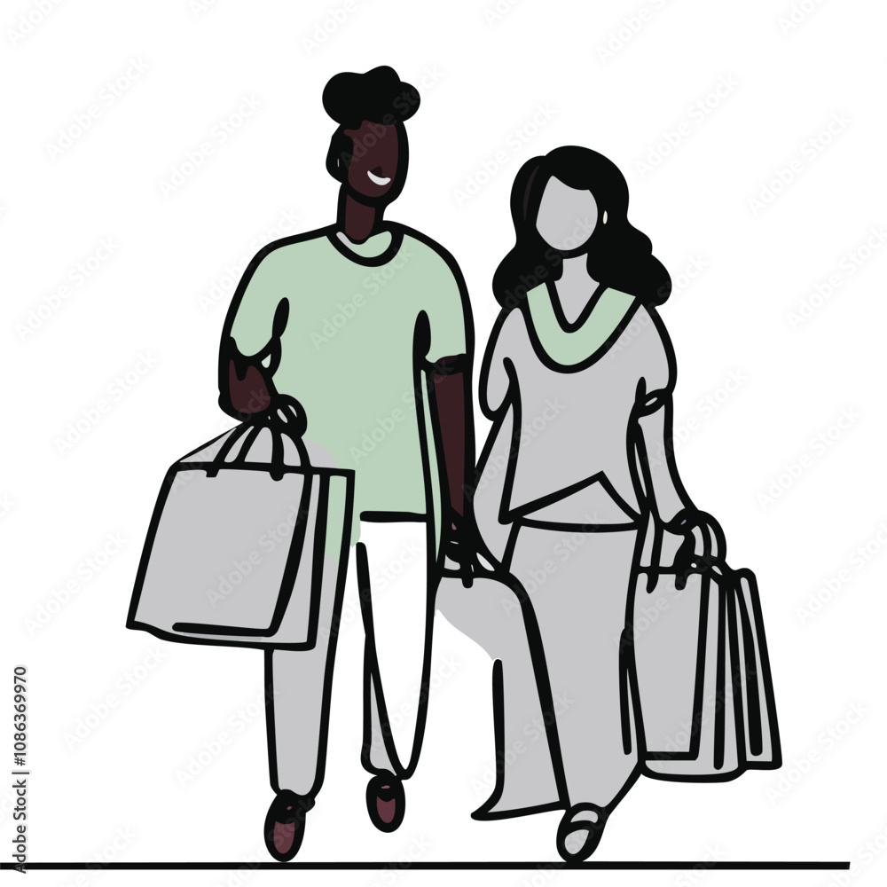 Single continuous line drawing young happy romantic couple holding paper bags while shopping together at mall. Buying fashion and cosmetic concept. One line draw vector graphic design illustration. Single continuous line drawing young happy romantic couple holding paper bags while shopping together at mall. Buying fashion and cosmetic concept. One line draw vector graphic design illustration.