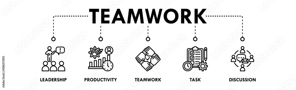 Teamwork banner web icon illustration concept with icon of leadership, productivity, teamwork, task, and discussion Teamwork banner web icon illustration concept with icon of leadership, productivity, teamwork, task, and discussion