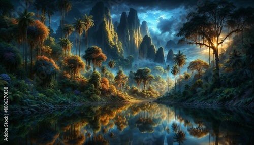 Ai generate: illustration of a view from the depths of a mysterious twilight rainforest