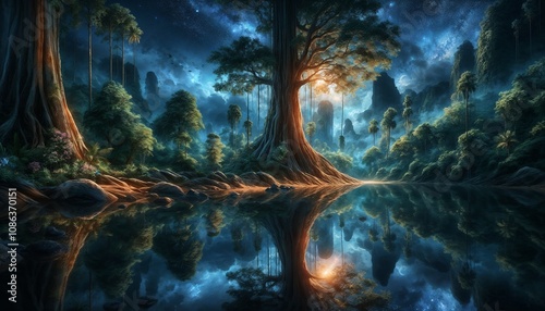 Ai generated illustration of a stunning mystical rainforest interior.