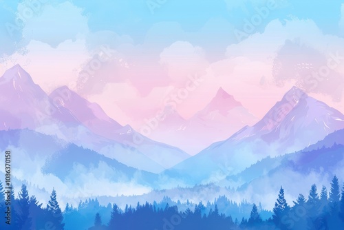 Misty Mountain Range with Pink and Blue Hues