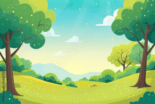 Cartoon Landscape with Green Trees, Hills, and Blue Sky