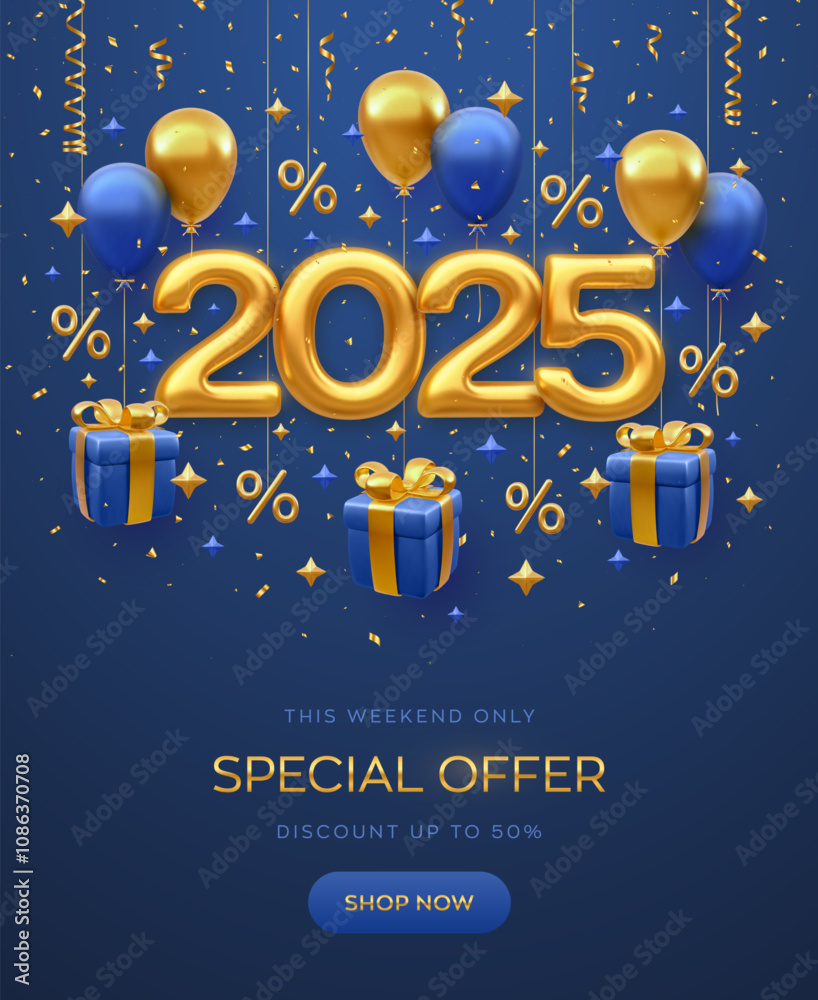 Christmas sale design banner. Happy New Year 2025. Gold metallic numbers 2025, blue gift boxes with golden bow, percentage symbols, fly helium balloons on blue background. Vector illustration. Christmas sale design banner. Happy New Year 2025. Gold metallic numbers 2025, blue gift boxes with golden bow, percentage symbols, fly helium balloons on blue background. Vector illustration.