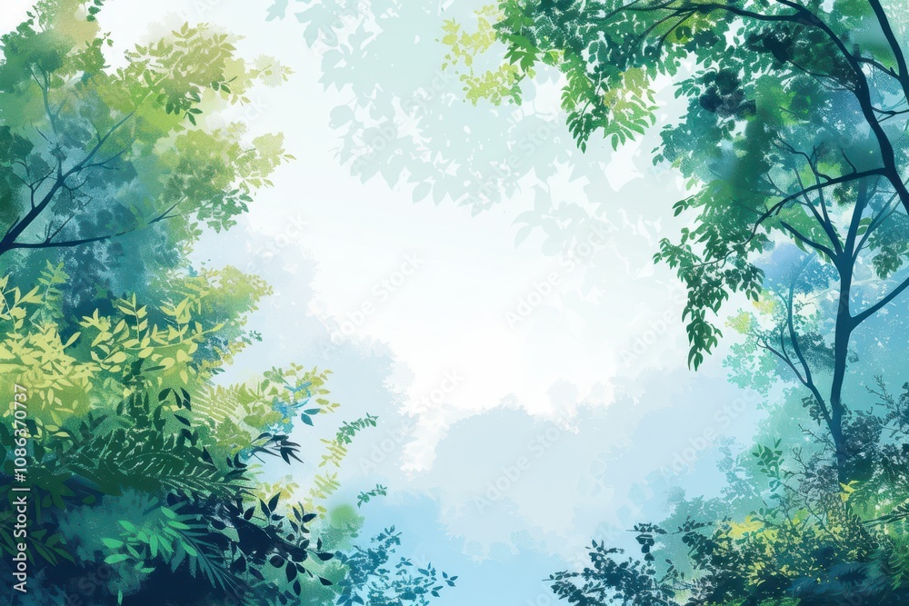 A Watercolor Illustration of Lush Green Foliage Framing a Light Blue Sky A Watercolor Illustration of Lush Green Foliage Framing a Light Blue Sky