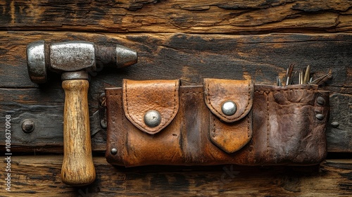 Vintage hammer and leather tool pouch on textured wooden surface for craftsmanship, DIY projects, and home improvement equipment usage concepts