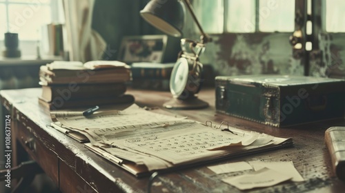 Retro style calendar with old typography and faded colors on a vintage desk