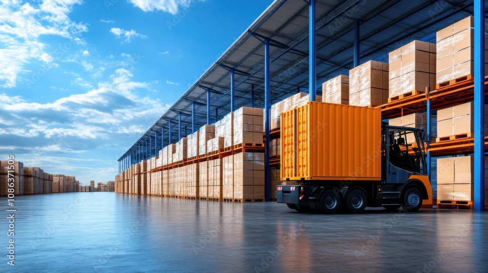 Fototapeta premium Industrial Warehouse with Container and Clear Sky