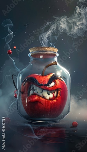 Angry Apple in a Jar with Smoke and Red Drops