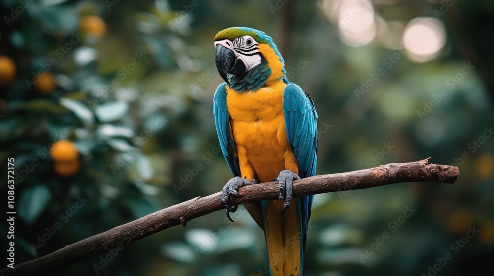 Obraz premium A vibrant blue and yellow macaw perched on a branch amidst a lush green background.