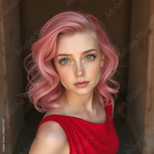 Una linda mujer de pelo rosa y ojos verdes, con un lindo vestido rojo