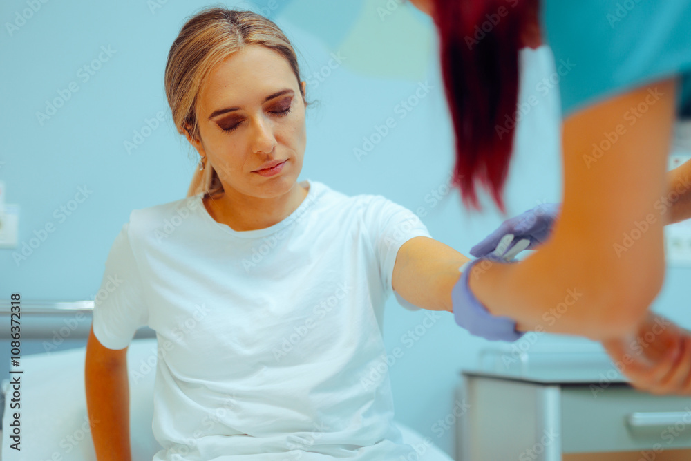 Nurse inserting IV Cannula to a Patient for Medical Treatment. Sad worried woman getting intravenous therapy for dehydration
Nurse inserting IV Cannula to a Patient for Medical Treatment. Sad worried woman getting intravenous therapy for dehydration