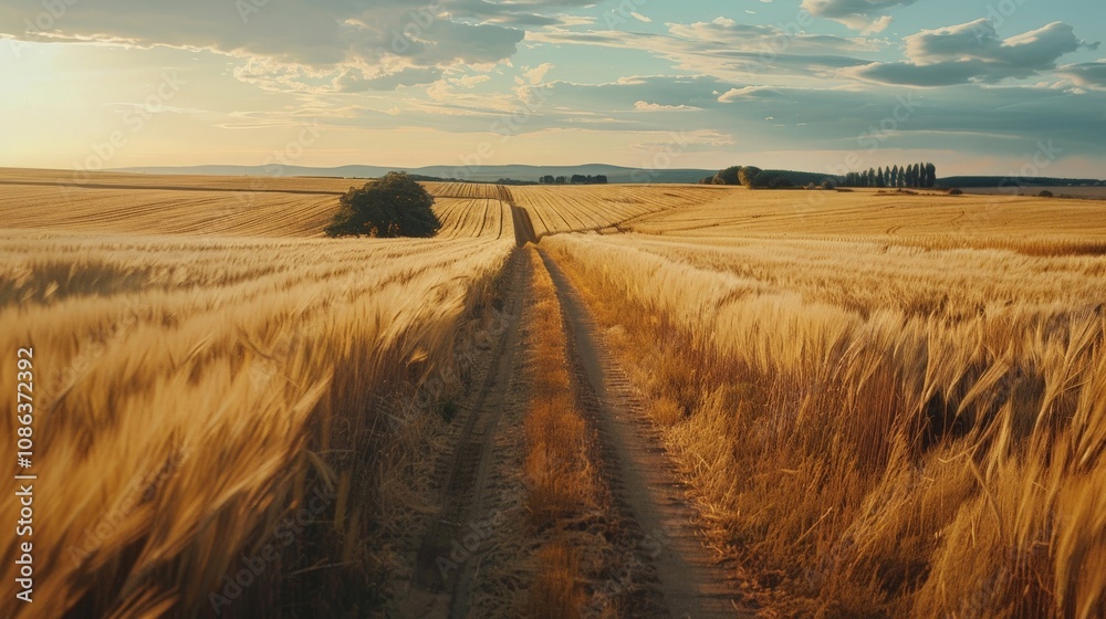 Road cutting through a field of golden wheat swaying in the breeze Road cutting through a field of golden wheat swaying in the breeze