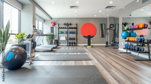 Fototapeta Naklejka Na Ścianę i Meble -  Dynamic workout space for fitness enthusiasts modern gym interior design urban environment wide angle view health and wellness focus