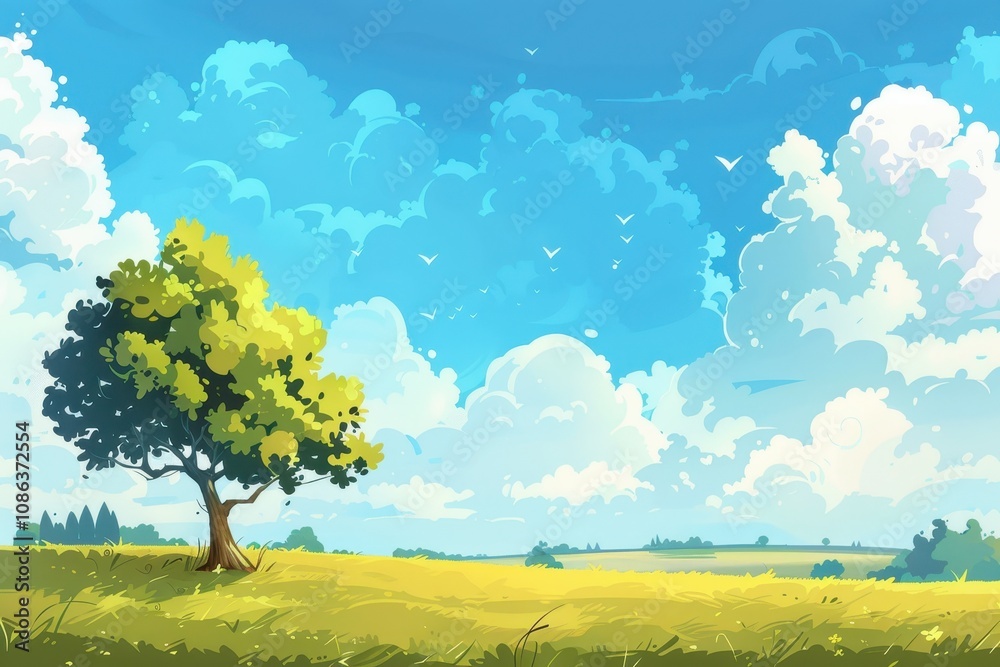 A Single Tree Standing in a Field Under a Blue Sky with Fluffy Clouds