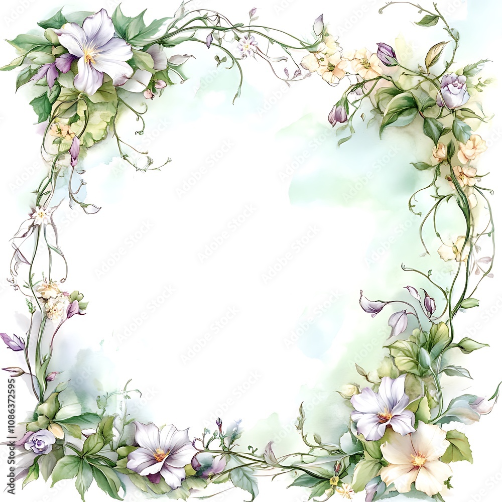 Fototapeta premium Watercolor Painting of a Floral Frame with White and Cream Flowers