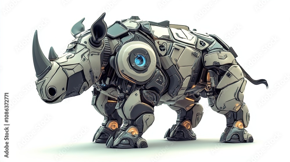 A robotic rhinoceros with a mechanical body and glowing lights A robotic rhinoceros with a mechanical body and glowing lights