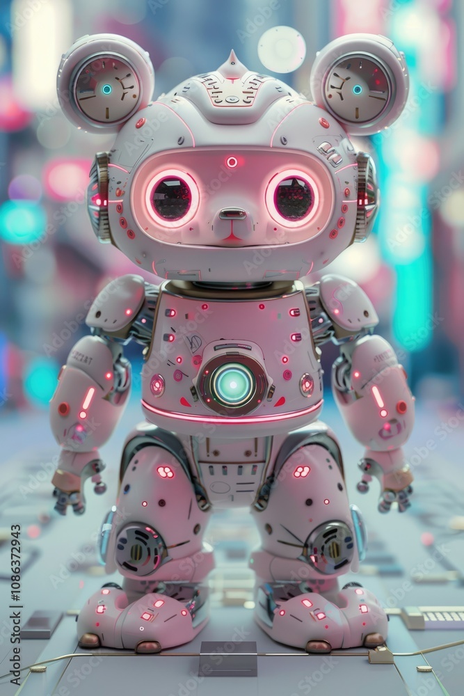 Fototapeta premium Cute White Robot with Pink Accents and Big Eyes