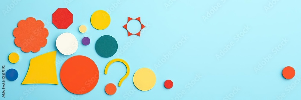 A collection of vibrant and contrasting shapes set against a soothing blue backdrop, visual contrast, shape composition A collection of vibrant and contrasting shapes set against a soothing blue backdrop, visual contrast, shape composition
