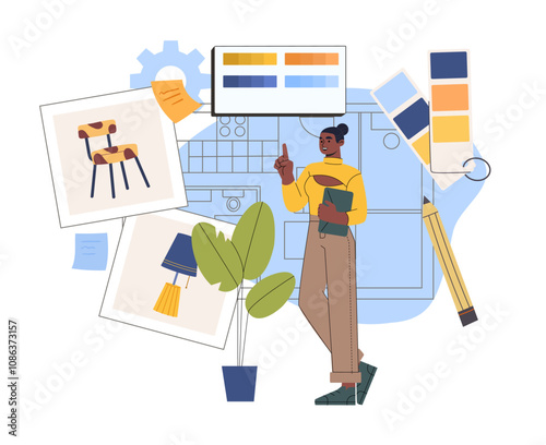 Interior design woman. Young girl chooses color of chair for apartment. Freelancer and remote worker. Interior designer selects furniture. Flat vector illustration isolated on white background