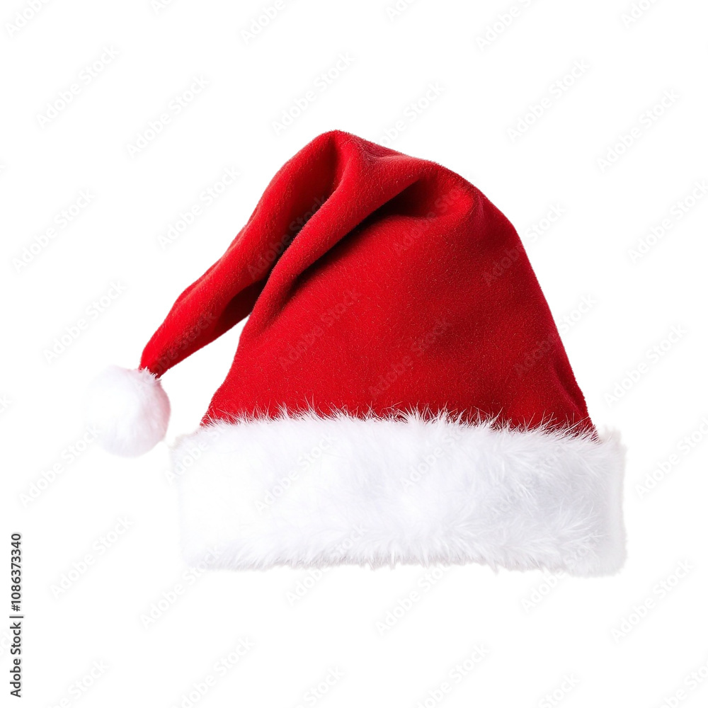 A festive red santa hat with a white ball on isolated on white background, PNG file A festive red santa hat with a white ball on isolated on white background, PNG file