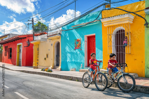  Children Cycling Through Colorful Streets of Mérida, Yucatán, México
