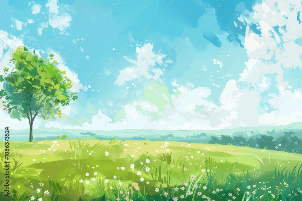 Fototapeta premium A Single Tree in a Field of Wildflowers Under a Blue Sky