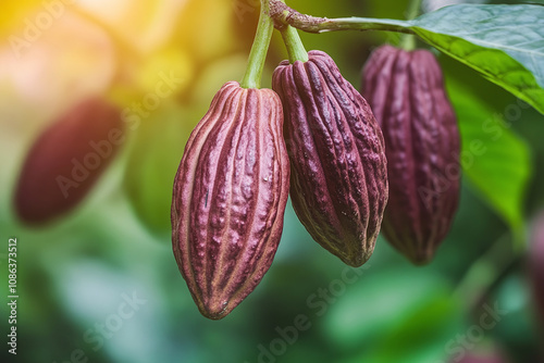 Miltuple cacao trees in a rainforest environment, organic premium quality. photo