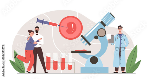 People with IVF. In vitro fertilization. Happy family at doctors appointment. Motherhood and parenthood. Anatomy and female reproductive system. Flat vector illustration isolated on white background