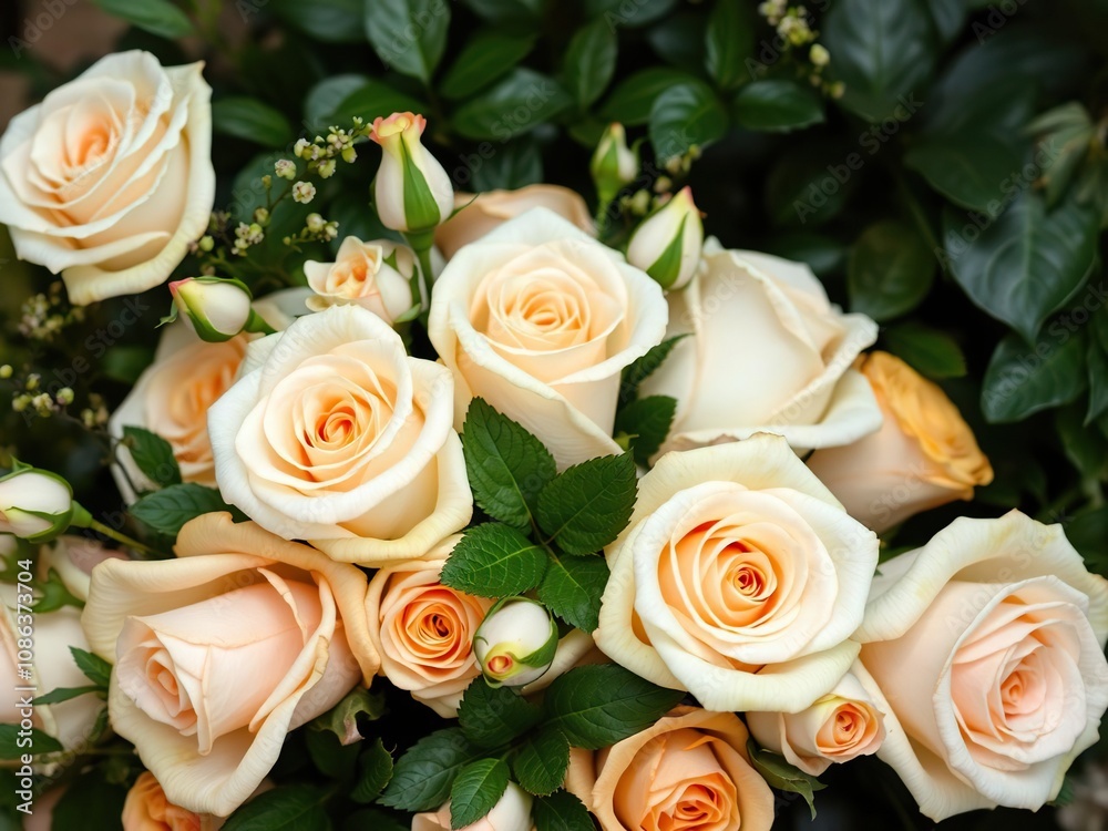 A elegant bouquet of ivory and peach roses surrounded by lush greenery, wedding flowers, nature-inspired decor, ivory roses