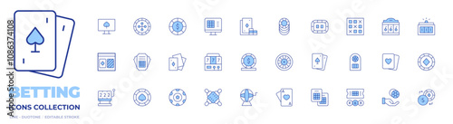 Betting icons collection. Line Duotone style, editable stroke. bingo, online casino, poker, poker chips, ticket, slot machine, poker table, lottery, bet, chips, roulette