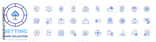 Betting icons collection. Line Duotone style, editable stroke. bet, betting, chip, token, wallet, online casino, poker chip, money, roulette, bingo, casino, slot machine, cards
