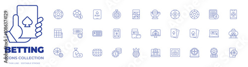Betting icons collection. Thin Line icons, editable stroke. basketball, bet, bingo, casino chip, fortune wheel, lottery, money bag, money, poker chip, poker table, soccer