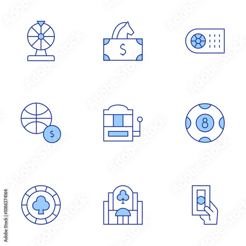 Betting icons set. Line Duotone style, editable stroke. bet, betting, slot machine, basketball, poker chip, roulette, casino, lottery