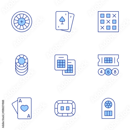 Betting icons set. Line Duotone style, editable stroke. bingo, poker chips, poker table, poker, bet, lottery, roulette, ace of hearts