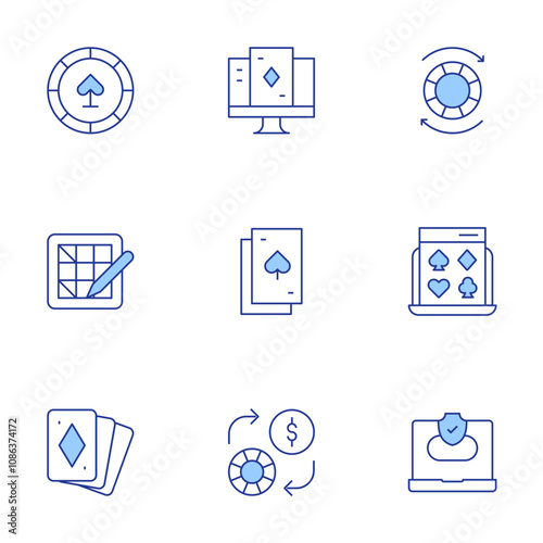 Betting icons set. Line Duotone style, editable stroke. chip, online casino, casino chip, money, poker cards, bingo, online gambling, cards