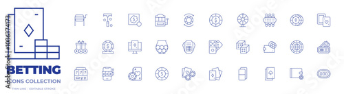 Betting icons collection. Thin Line icons, editable stroke. dices, domino, dominoes, gambling, lottery, online casino, poker, poker chip, poker chips, raffle, slot machine, spin, ticket