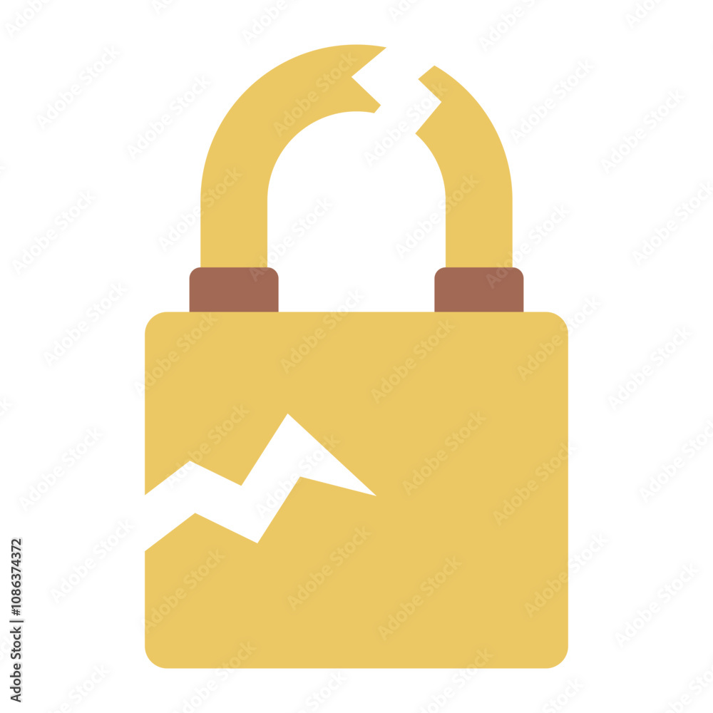 Broken padlock flat icon symbolizing compromised security. Broken padlock flat icon symbolizing compromised security.