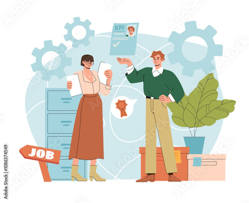 HR manager with job candidate. Woman evaluates mans kpi. Headhunting and recruitment. Hiring to company or organization. Employer with worker. Flat vector illustration isolated on white background