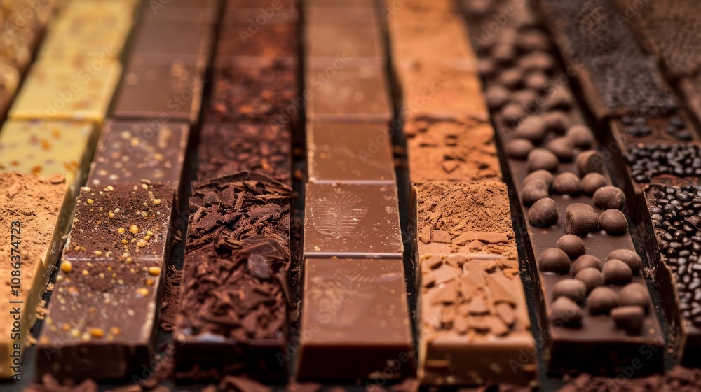 Rows of chocolate bars with various cocoa content percentages lined up Rows of chocolate bars with various cocoa content percentages lined up