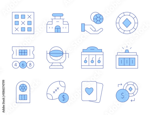 Betting icons. Line Duotone style, editable stroke. bingo, heart, exchange, poker chips, lottery, poker chip, bet, jackpot machine, american football, casino, slot machine