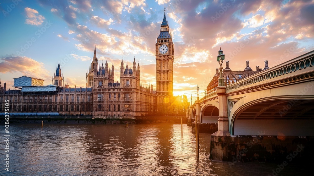 Obraz premium Majestic Sunset Over the Houses of Parliament and Big Ben, Capturing the Beauty of London’s Iconic Architecture and Serene River Thames Reflections